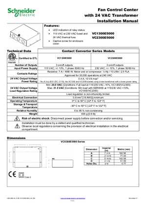 Image of Fan Control Center with 24 VAC Transformer Installation Sheet