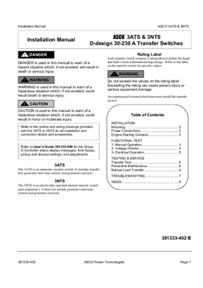 Image of ASCO 3ATS & 3NTS D-design 30-230 A Transfer Switches - Installation Manual
