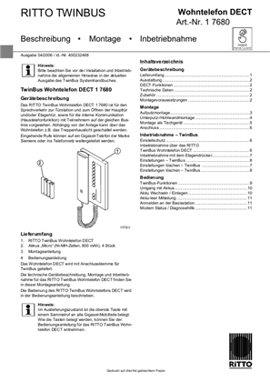 Bild von RITTO Twinbus Wohntelefon DECT Art.-Nr. 1 7680 - Beschreibung, Montage, Inbetriebnahme