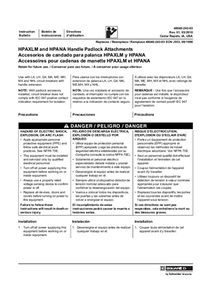 Image of HPAXLM and HPANA Handle Padlock Attachments for use with LA, LH, Q4, MA, ME, MH, MX and NHL Circuit Breakers, Installation Instructions