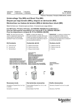 Image of Installation Instructions for Undervoltage Trip (MN) and Shunt Trip (MX) for M-, P-, and R-Frame and NS630b-NS3200 Circuit Breakers
