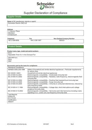 Image of Clipsal Lighting, 6312 Declaration of Conformity