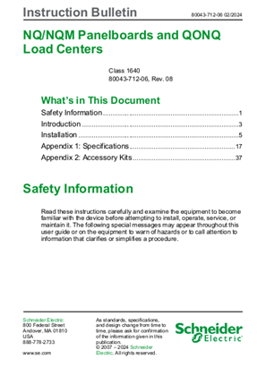 Image of NQ/NQM Panelboards and QONQ Load Centers User Guide - Installation Instructions (80043-712)