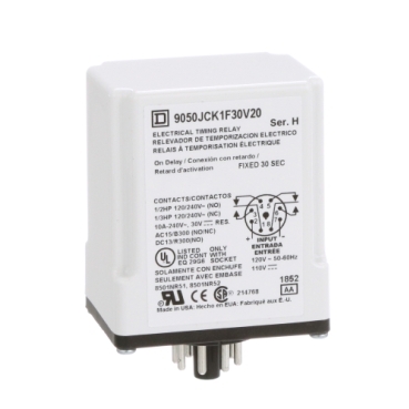 Image of 9050JCK1F30V20 : Timing Relay, Type JCK, plug In, on delay, fixed time, 30 seconds, 10A, 240 VAC, 120 VAC/110 VDC