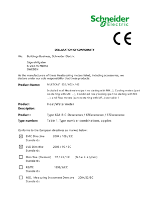 的映像 MULTICAL 602 - 602, 62 Declaration of Conformity