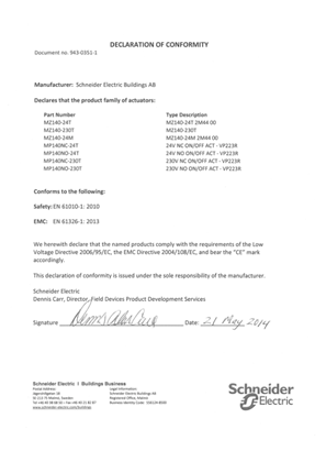 Image of MZ140, MP140 Series of PICV Actuators Declaration of Conformity