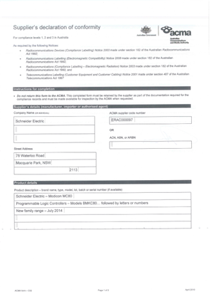 的映像 Modicon MC80, Declaration of Conformity, RCM, Schneider Electric