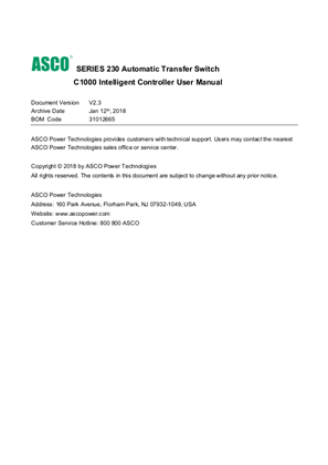 Image of User Manual | SERIES 230 Automatic Transfer Switch | C1000 Intelligent Control