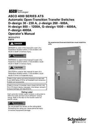 Operators Manual Asco 4000 Series Automatic Open Transition Transfer Switch Ats 30 4000 Amps D J H G F Frame 381333 270 Asco Power Technologies