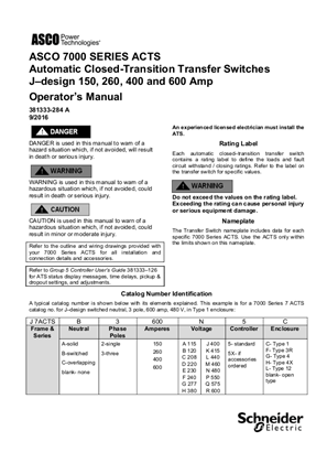 Image of Operators Manual | ASCO 7000 SERIES Automatic Closed Transition Transfer Switch (ACTS) | 150-600 Amps | J Frame | 381333-284