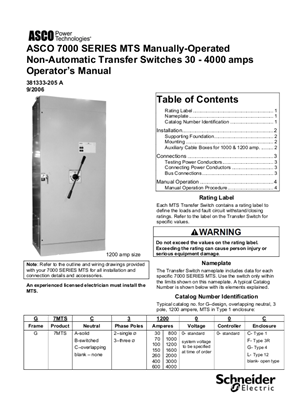 Operators Manual | ASCO 7000 SERIES Manual Transfer Switch (MTS) | 30-4000 Amps | 381333-205