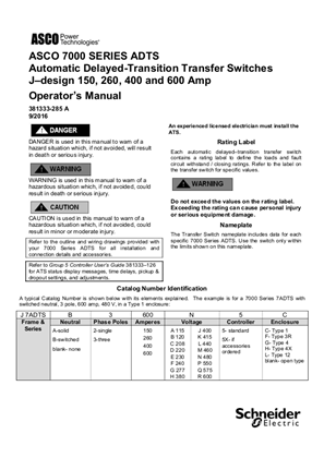 Image de Operators Manual | ASCO 7000 SERIES Automatic Delayed Transition Transfer Switch (ADTS) | 150-600 Amps | J Frame | 381333-285