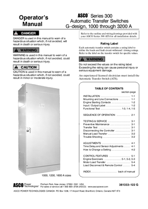 Operators Manual | ASCO SERIES 300 Automatic Transfer Switch (ATS) | 1000-3000 Amps | G Frame | 381333-122