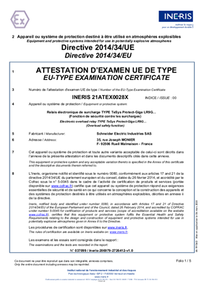 ATEX Certificate TeSys Giga LR9G115 630 Schneider Electric
