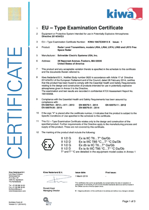 ATEX Certificate (Ex ia Ex db ia Ex ia tb): Radar Level Transmitters
