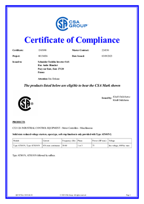 的映像 ATS01 CSA Certificate of Compliance