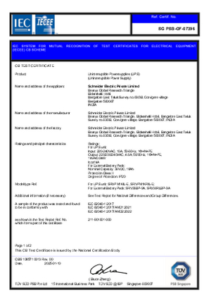 Imagen de CB Certificate for UPS - SRVPM1KIL-E, SRVPM1KRIL-E and External Battery Pack - SRV36BP-9A, SRV36RLBP-9A