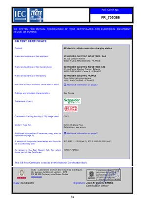 EVlink Wallbox Plus EVH3 CB Test Certificate IEC 61851
