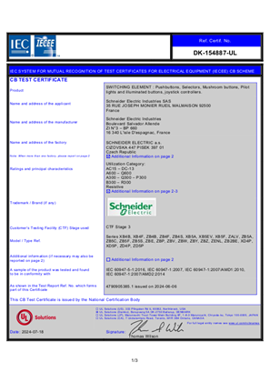 Image of IECEE CB SCHEME Certificate XB4B, XB4F, ZB4B, ZB4F, ZB4S, XB5A, XB5F, XB5EV, ZALV, ZB5A, ZB5C, ZB5F, ZB5S, ZBE, ZBP, ZBV, ZBW, ZBY, ZBZ, ZENL, ZB2BE, XD4P, ZD4P, ZD5P