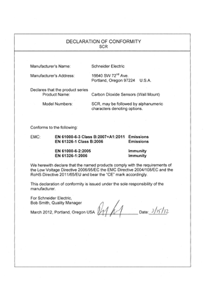的映像 SCR Carbon Dioxide Sensors (Wall Mount) Declaration