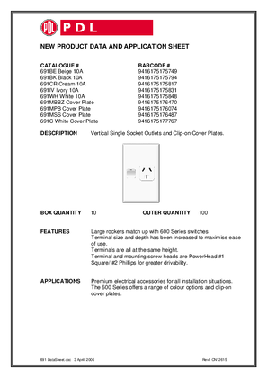 Image of Product Data Sheet - PDL 691 Vertical Single Socket Outlets and Clip-on Cover Plates, 12615