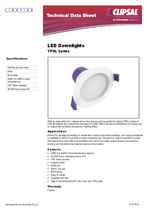Image of Product Data Sheet - TPDL Series LED Downlights