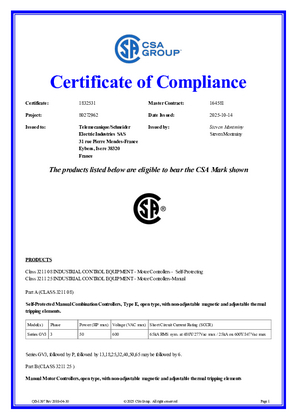 的映像 CSA Certificate_ TeSys GV3P&GV3L