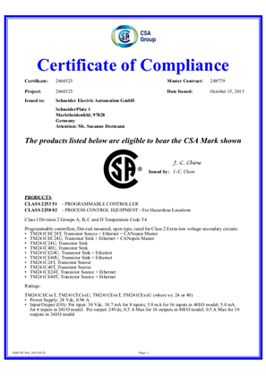 Image of Modicon, TM241, Certificate, CSA, Ordinary Location