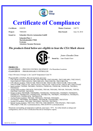 Image of Modicon, TM221, Certificate, CSA, Ordinary Location