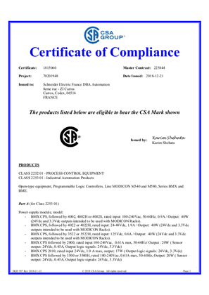 Image of Modicon M580 M340 X80, Certificate, CSA, Ordinary Location