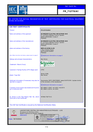 的映像 CB Certificate for MCB iC60L according to IEC 60947-2