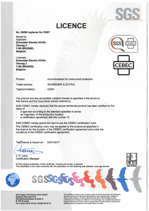 Image of Licence CEBEC for MCB iC60H according to EN 60898-1