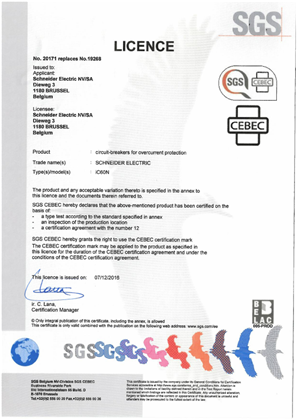 Image of Licence CEBEC for MCB iC60N according to EN 60898-1