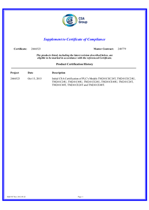 Image of Modicon, TM241, Certificate, CSA, Ordinary Location