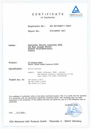 Afbeelding van EVlink Wallbox EVH2 series - Certificate of Conformity - TUV