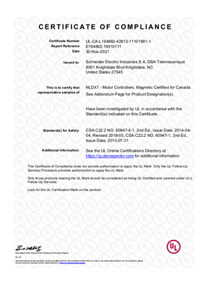 UL Certificate TeSys D LC1D50 AC coils Certificado Schneider Electric