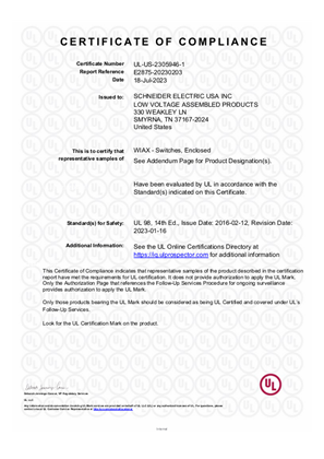 Imagen de Enclosed Safety Switches, Certificate, UL and CSA
