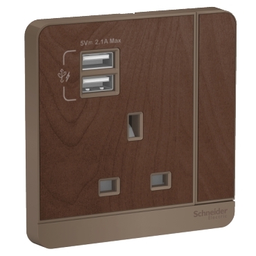 的映像 E8315USB_WD_G11 : AvatarOn - 13A 250V 5 Pin Socket with 2A USB Charger -wood