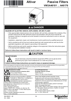 Image of Instruction sheet - ATV passive filters - VW3 A46101 ... A46176
