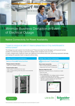 Image of EcoStruxure Power / Minimize business disruption and losses in event of electrical outage / Native Connectivity for Power availability / Application Note