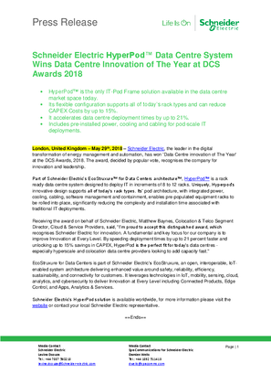 Image of Schneider ElectricHyperPod™ Data Centre System Wins Data CentreInnovation of The Year at DCS Awards 2018