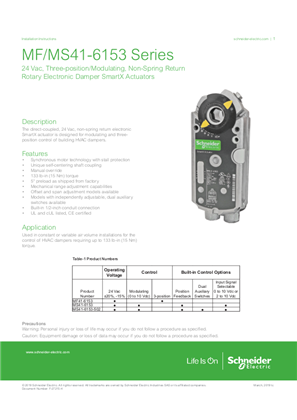 Image of MF41-6153/MS41-6153 Series 24 Vac, Three-position/Modulating Non-spring Return Rotary Electronic Damper SmartX Actuators