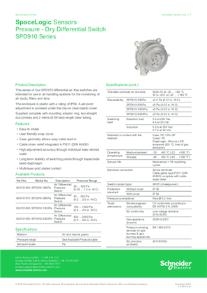 Image of SPD910 Differential Airflow Switches - Specification Sheet