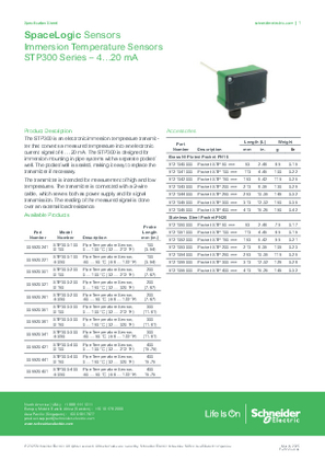 이미지 SpaceLogic Sensors - STP300 Series Electronic Immersion Temperature Transmitters - Specification Sheet