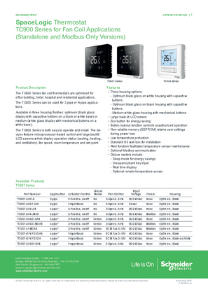 Image of SpaceLogic TC900 Series Thermostats for Fan Coil Applications (Standalone and Modbus Only Models) - Specification Sheet