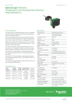 Slika korisnika SpaceLogic Sensors - Temperature and Humidity Duct Sensors - SHD100 and SHD101 Specification Sheet