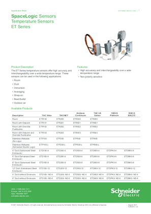 Image of ET Series Temperature Sensors - Specification Sheet