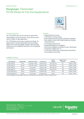 Image of EasyLogic TC700 Series Thermostat for Fan Coil Applications - Installation Instructions