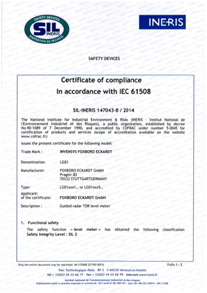 的映像 LG01 Guided Wave Radar Level SIL2 Certificate IEC 61508