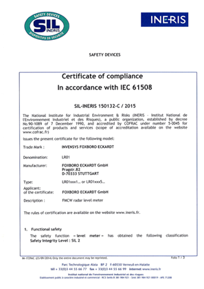Image of LR01 Free Space Radar Level SIL2 Certificate IEC 61508